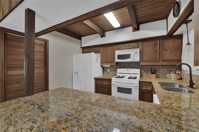 kitchen featuring sink, wood ceiling, tasteful backsplash, decorative light fixtures, and white appliances