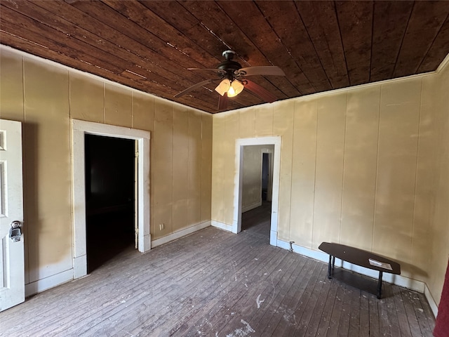 spare room featuring hardwood / wood-style floors, ceiling fan, and wooden ceiling