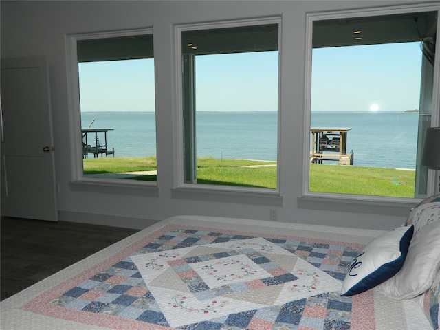 bedroom featuring a water view and dark hardwood / wood-style flooring