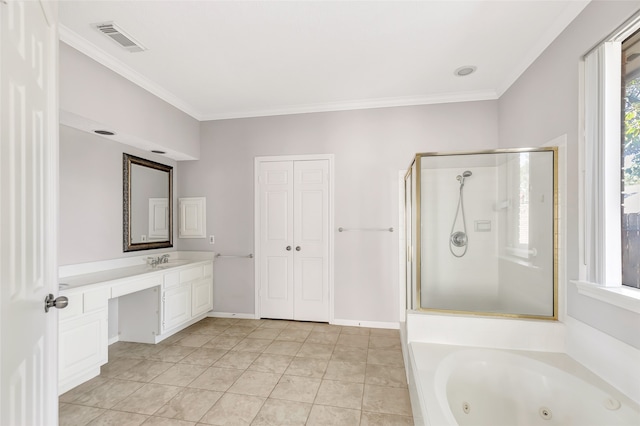 bathroom featuring independent shower and bath, vanity, tile patterned flooring, and ornamental molding