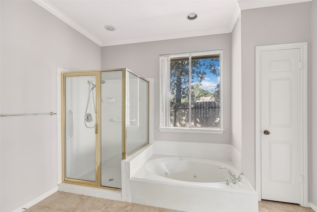 bathroom featuring ornamental molding, tile patterned floors, and plus walk in shower