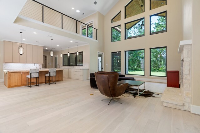 living room with light hardwood / wood-style floors and a high ceiling