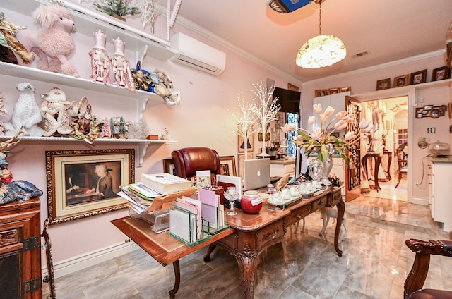 dining area with crown molding and a wall mounted air conditioner