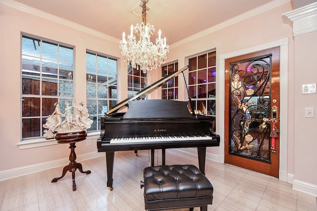 miscellaneous room with ornamental molding and a notable chandelier