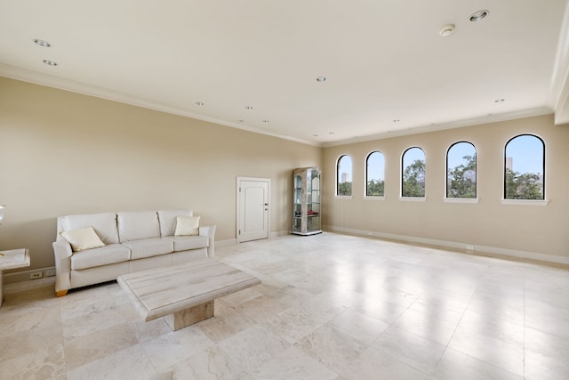 unfurnished living room with ornamental molding