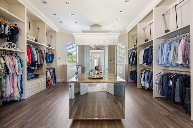 spacious closet with dark hardwood / wood-style flooring