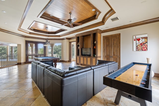 living room with crown molding, ceiling fan, a healthy amount of sunlight, and pool table