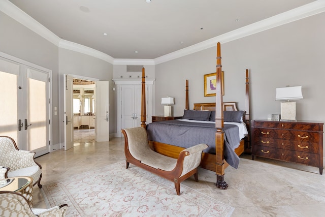 bedroom with crown molding and french doors