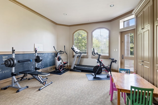 workout room featuring carpet flooring and crown molding