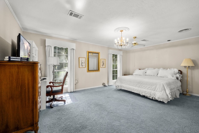 bedroom featuring a notable chandelier, crown molding, carpet, and a textured ceiling