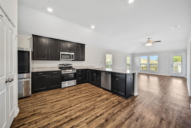 kitchen with sink, ceiling fan, appliances with stainless steel finishes, dark hardwood / wood-style flooring, and kitchen peninsula