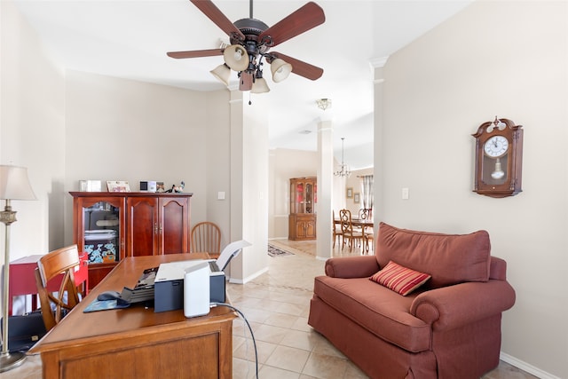 tiled living room with ceiling fan