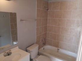 full bathroom featuring vanity, tiled shower / bath combo, and toilet