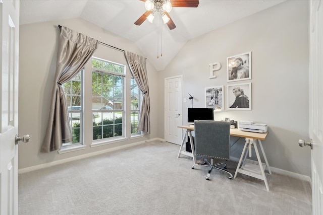 office with carpet floors, lofted ceiling, and ceiling fan