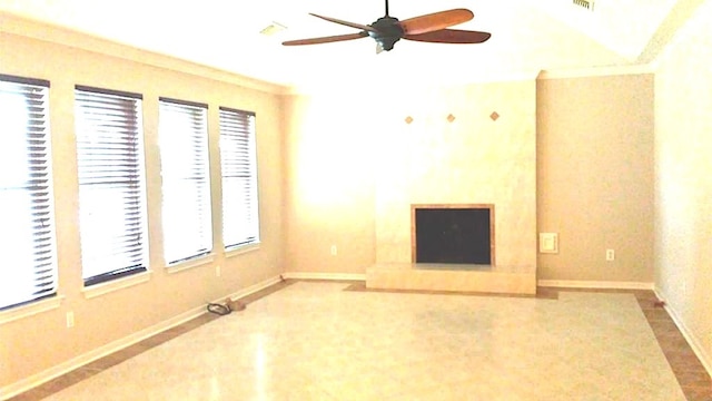 unfurnished living room with crown molding and ceiling fan