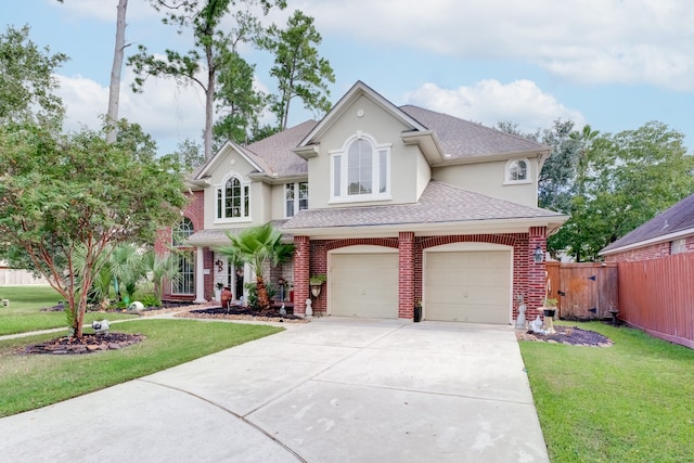 view of property with a front yard and a garage