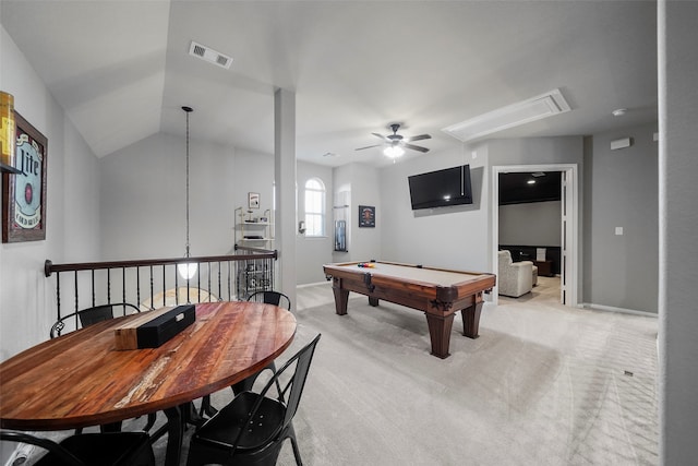 playroom featuring pool table, lofted ceiling, light carpet, and ceiling fan