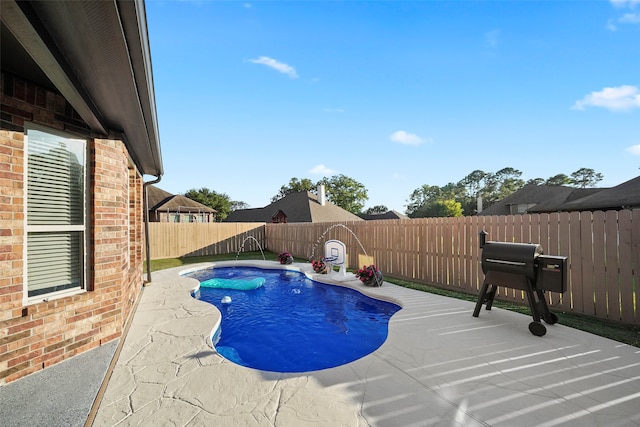 view of swimming pool with a grill and a patio area