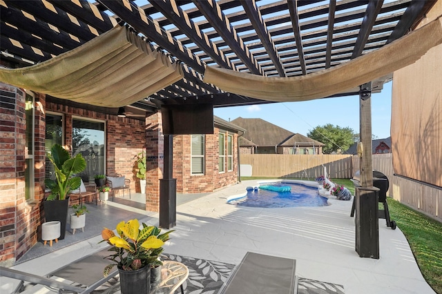 view of patio / terrace featuring a fenced in pool, pool water feature, and a pergola