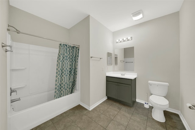 full bathroom with tile patterned flooring, shower / tub combo, vanity, and toilet