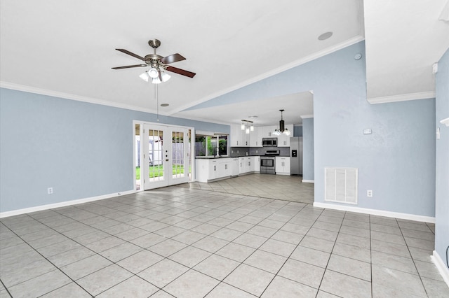 unfurnished living room featuring crown molding, ceiling fan, sink, and light tile patterned floors