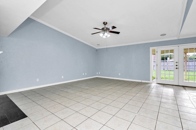 unfurnished room with crown molding, ceiling fan, french doors, and light tile patterned floors