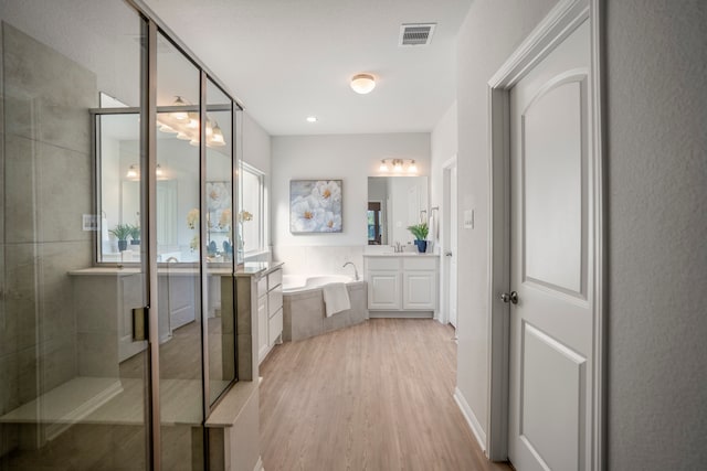 bathroom featuring separate shower and tub, vanity, and wood-type flooring