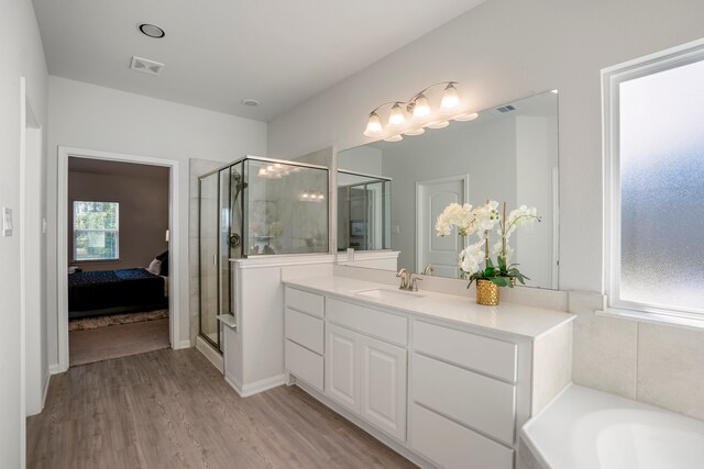 bathroom with hardwood / wood-style floors, vanity, and plus walk in shower