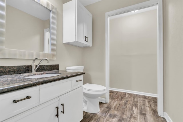 bathroom with vanity, toilet, and wood-type flooring