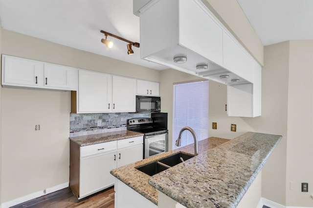 kitchen featuring sink, electric range, kitchen peninsula, white cabinets, and dark hardwood / wood-style floors