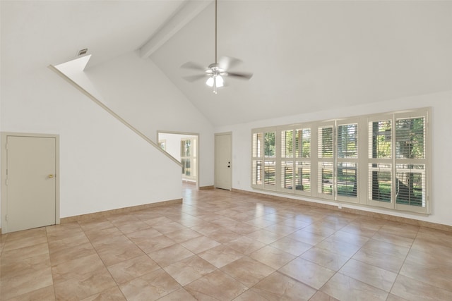 unfurnished living room with high vaulted ceiling, beam ceiling, light tile patterned floors, and ceiling fan