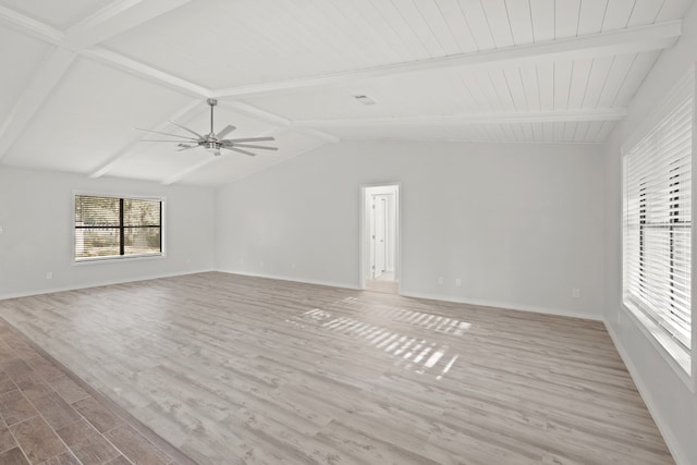 empty room featuring vaulted ceiling with beams, light wood-type flooring, and ceiling fan