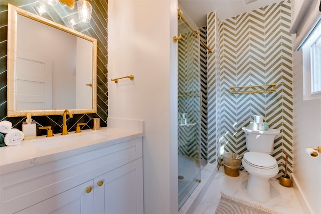 bathroom featuring vanity, decorative backsplash, walk in shower, and toilet