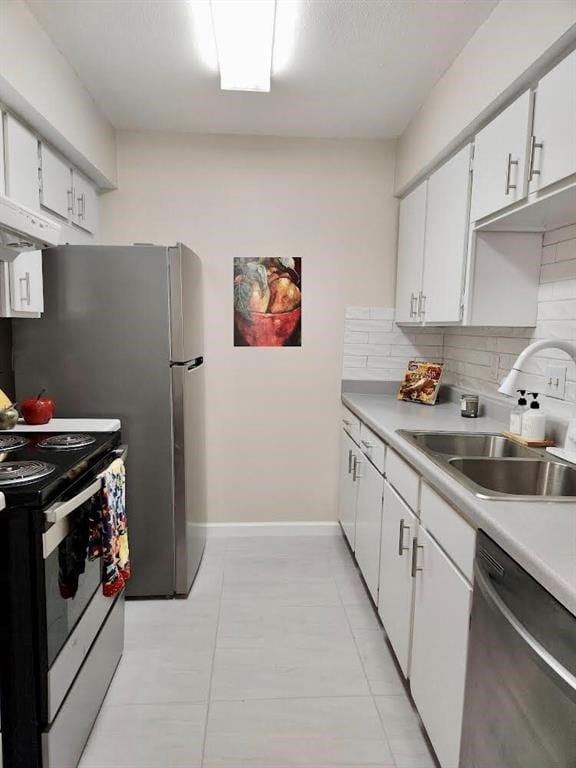 kitchen featuring dishwasher, backsplash, white cabinets, and electric stove