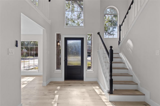 foyer entrance featuring a healthy amount of sunlight, light hardwood / wood-style floors, and a high ceiling