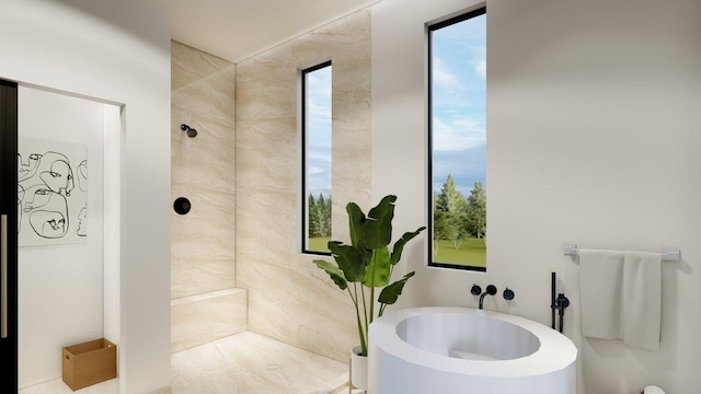 bathroom with shower with separate bathtub