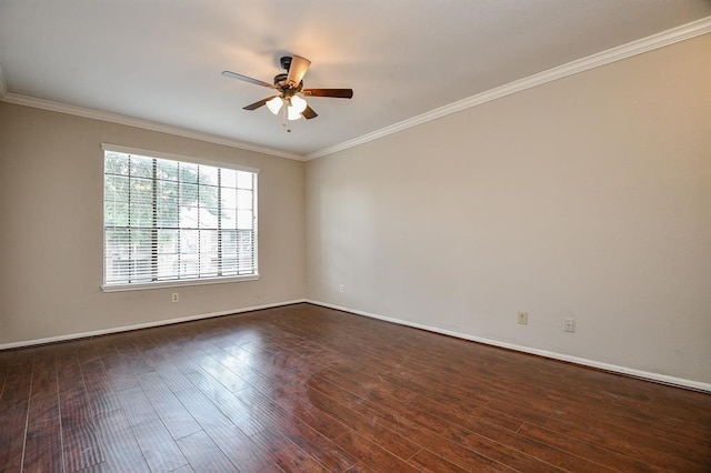 unfurnished room with crown molding, dark wood-type flooring, and ceiling fan