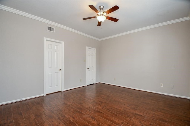 unfurnished room with crown molding, dark hardwood / wood-style floors, and ceiling fan