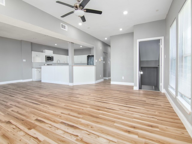 unfurnished living room featuring a sink, light wood-type flooring, baseboards, visible vents, and ceiling fan