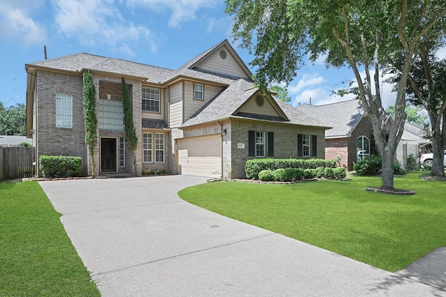 view of front of house with a front yard and a garage