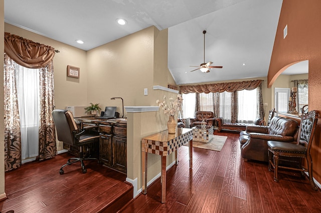 office space with lofted ceiling, dark hardwood / wood-style flooring, and ceiling fan