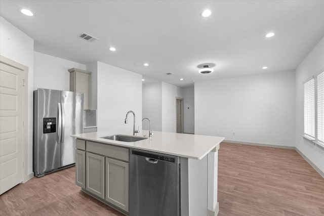 kitchen with an island with sink, gray cabinetry, visible vents, stainless steel appliances, and a sink