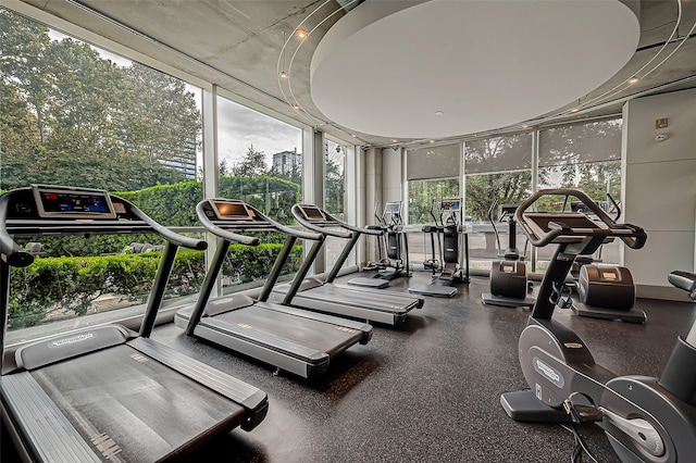 gym with a wall of windows