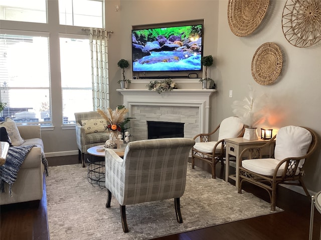 living room featuring hardwood / wood-style flooring and a stone fireplace