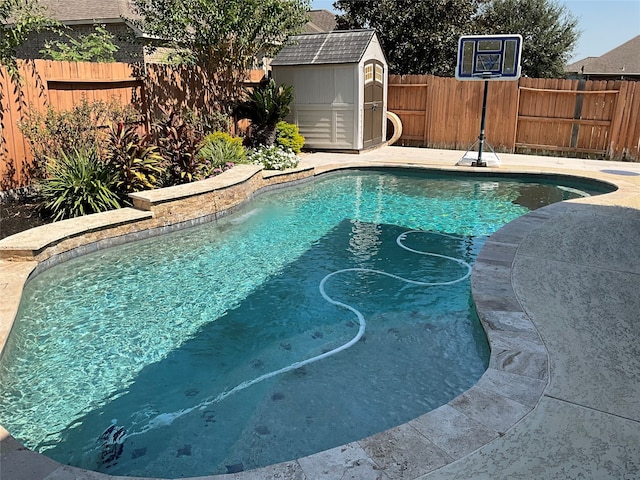 view of swimming pool featuring a storage shed