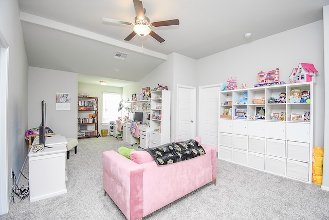 living room with light carpet and ceiling fan