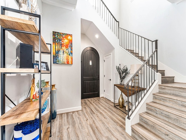 foyer entrance featuring a high ceiling and light wood-type flooring