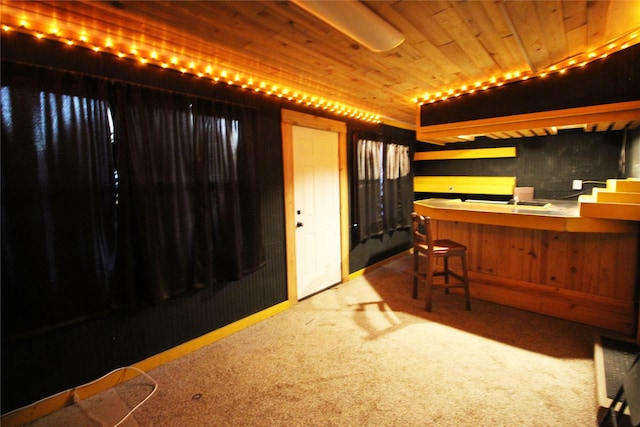 327 W Mulberry St, Fredericksburg, TX 78624 - bar with carpet flooring, lofted ceiling, and wood ceiling