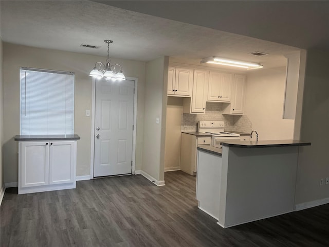 kitchen featuring white electric range, white cabinetry, an inviting chandelier, decorative light fixtures, and kitchen peninsula