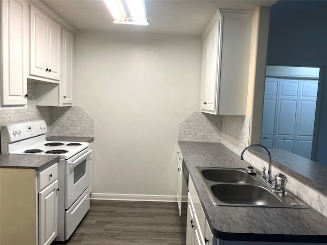 kitchen with white range with electric stovetop, tasteful backsplash, sink, white cabinets, and dark hardwood / wood-style flooring